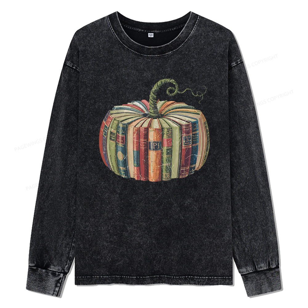 Pagewings Fall Book Pumpkin Unisex Washed Long Sleeve T-shirt