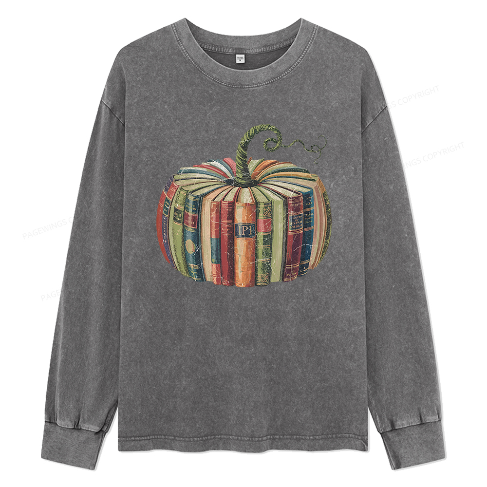 Pagewings Fall Book Pumpkin Unisex Washed Long Sleeve T-shirt