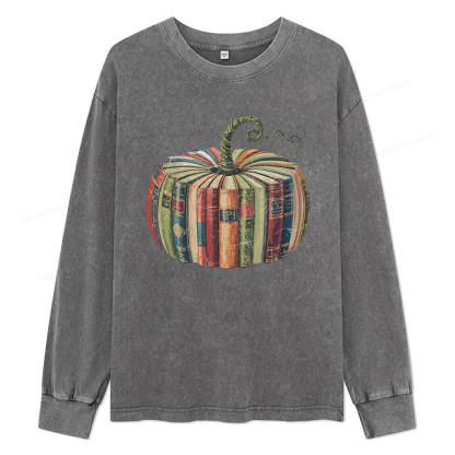 Pagewings Fall Book Pumpkin Unisex Washed Long Sleeve T-shirt