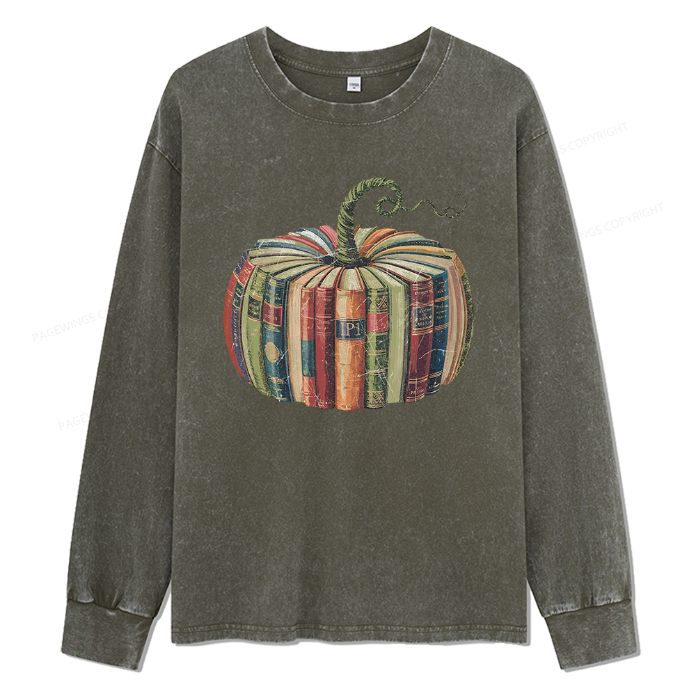Pagewings Fall Book Pumpkin Unisex Washed Long Sleeve T-shirt