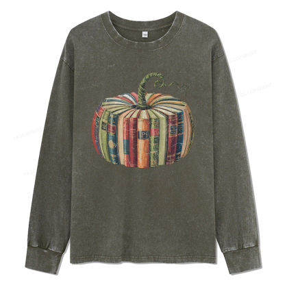 Pagewings Fall Book Pumpkin Unisex Washed Long Sleeve T-shirt