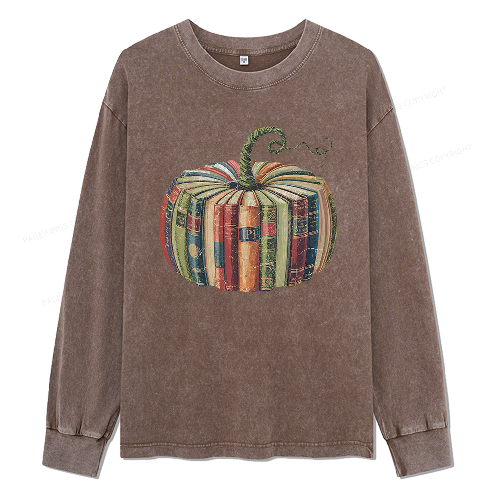 Pagewings Fall Book Pumpkin Unisex Washed Long Sleeve T-shirt