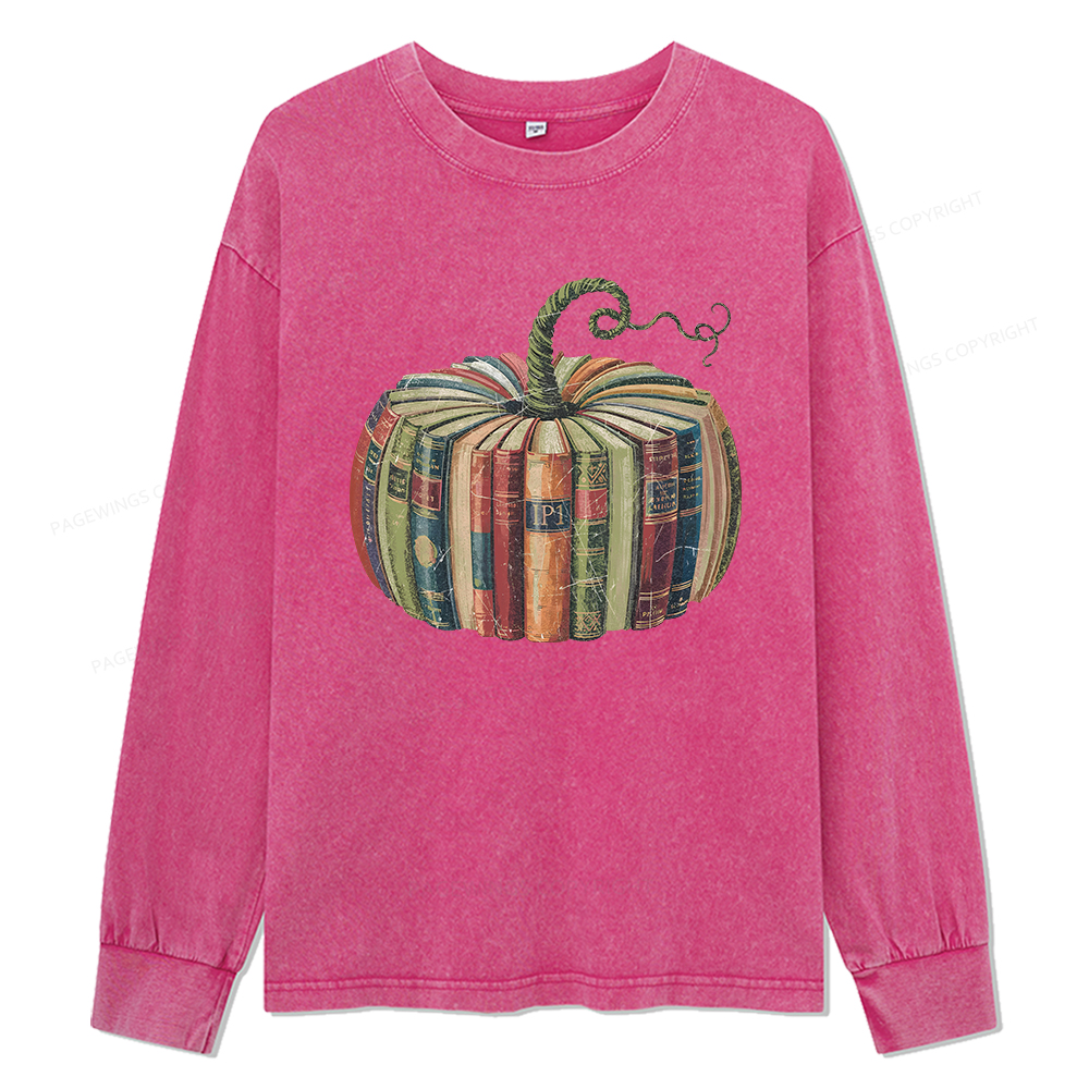 Pagewings Fall Book Pumpkin Unisex Washed Long Sleeve T-shirt