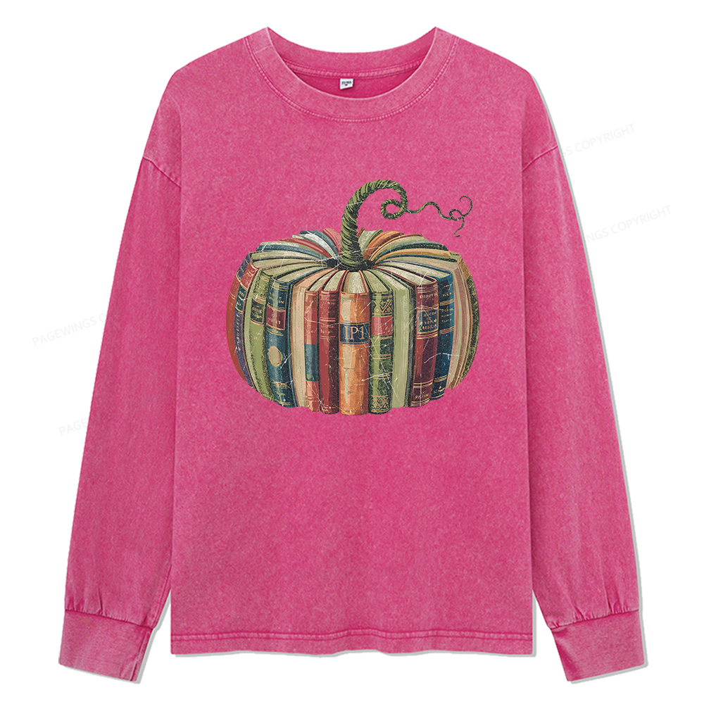 Pagewings Fall Book Pumpkin Unisex Washed Long Sleeve T-shirt