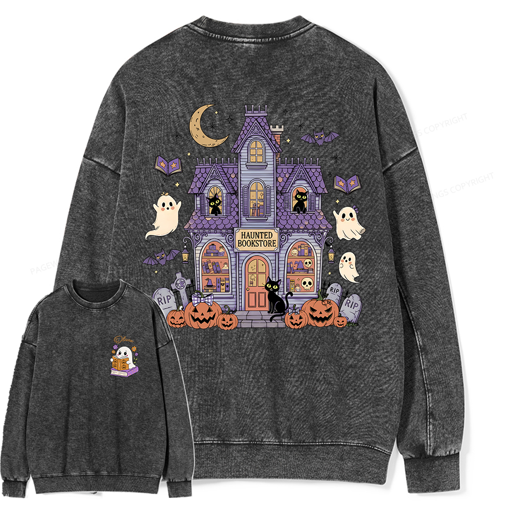 Pagewings Personalized Name Haunted Bookstore Unisex Washed Sweatshirt