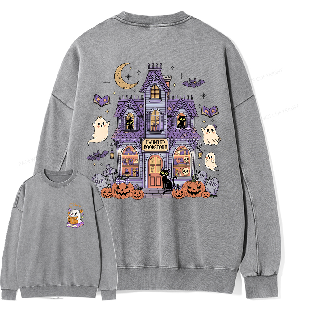 Pagewings Personalized Name Haunted Bookstore Unisex Washed Sweatshirt