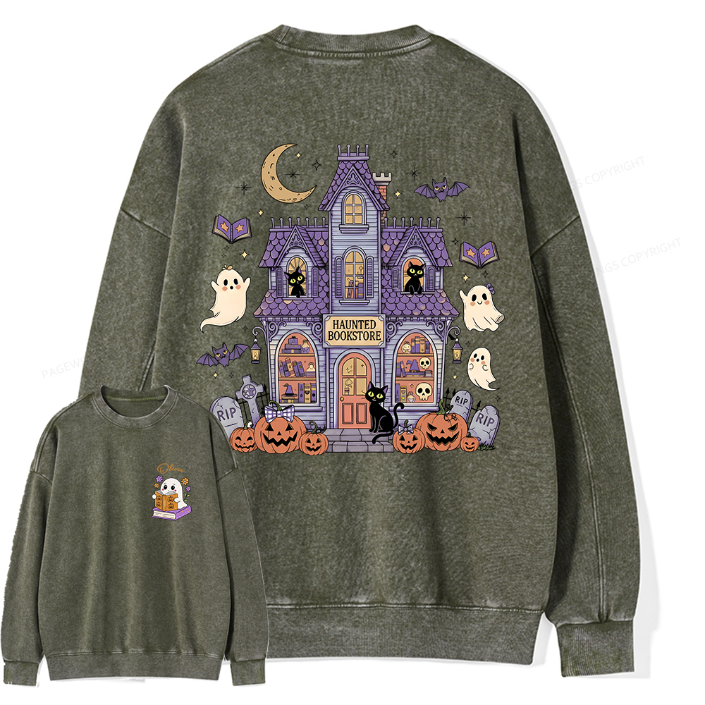 Pagewings Personalized Name Haunted Bookstore Unisex Washed Sweatshirt