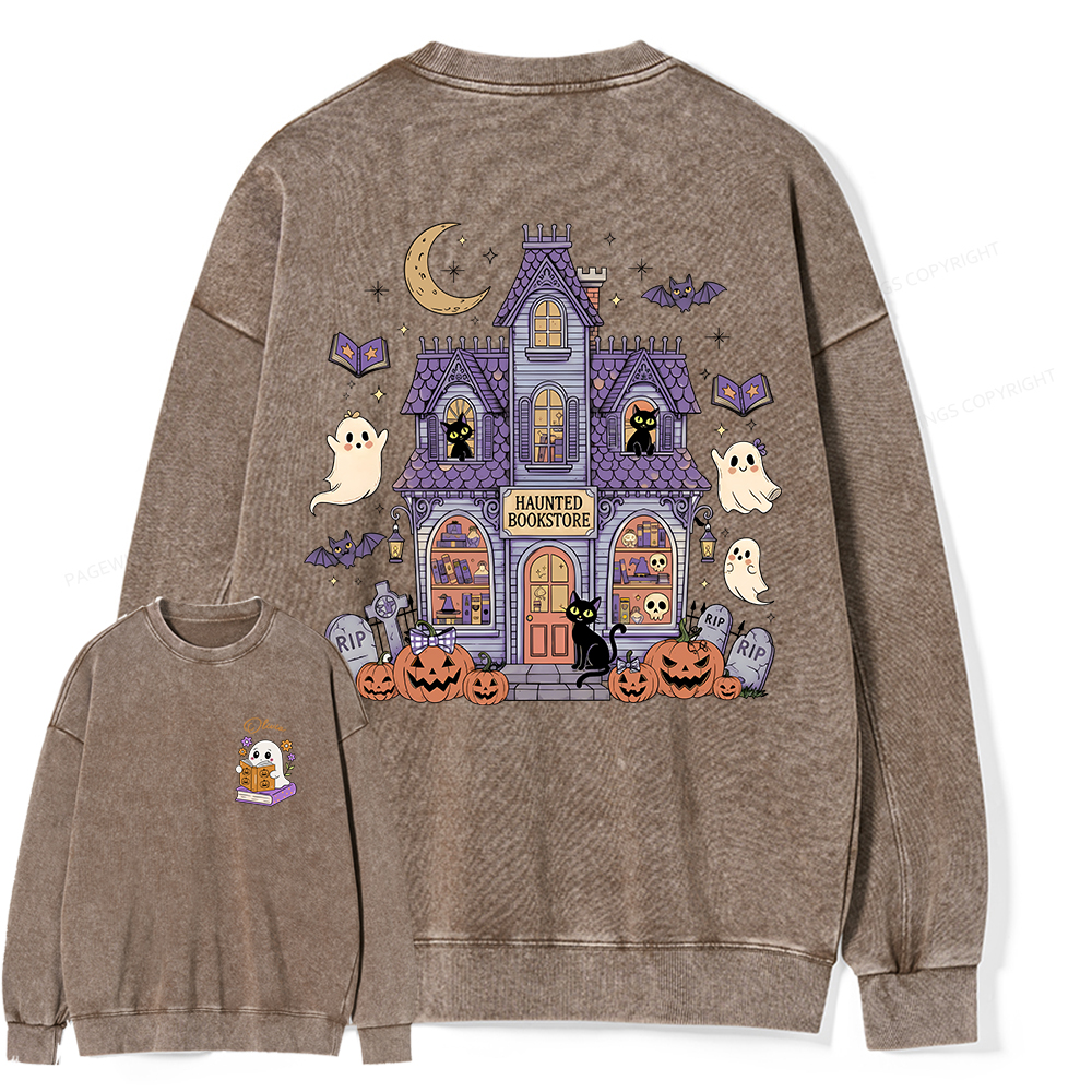 Pagewings Personalized Name Haunted Bookstore Unisex Washed Sweatshirt