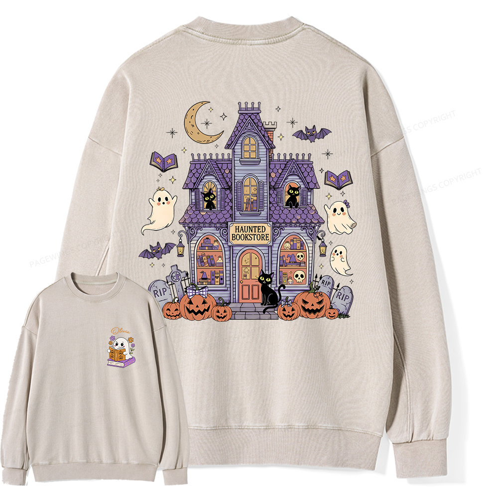 Pagewings Personalized Name Haunted Bookstore Unisex Washed Sweatshirt