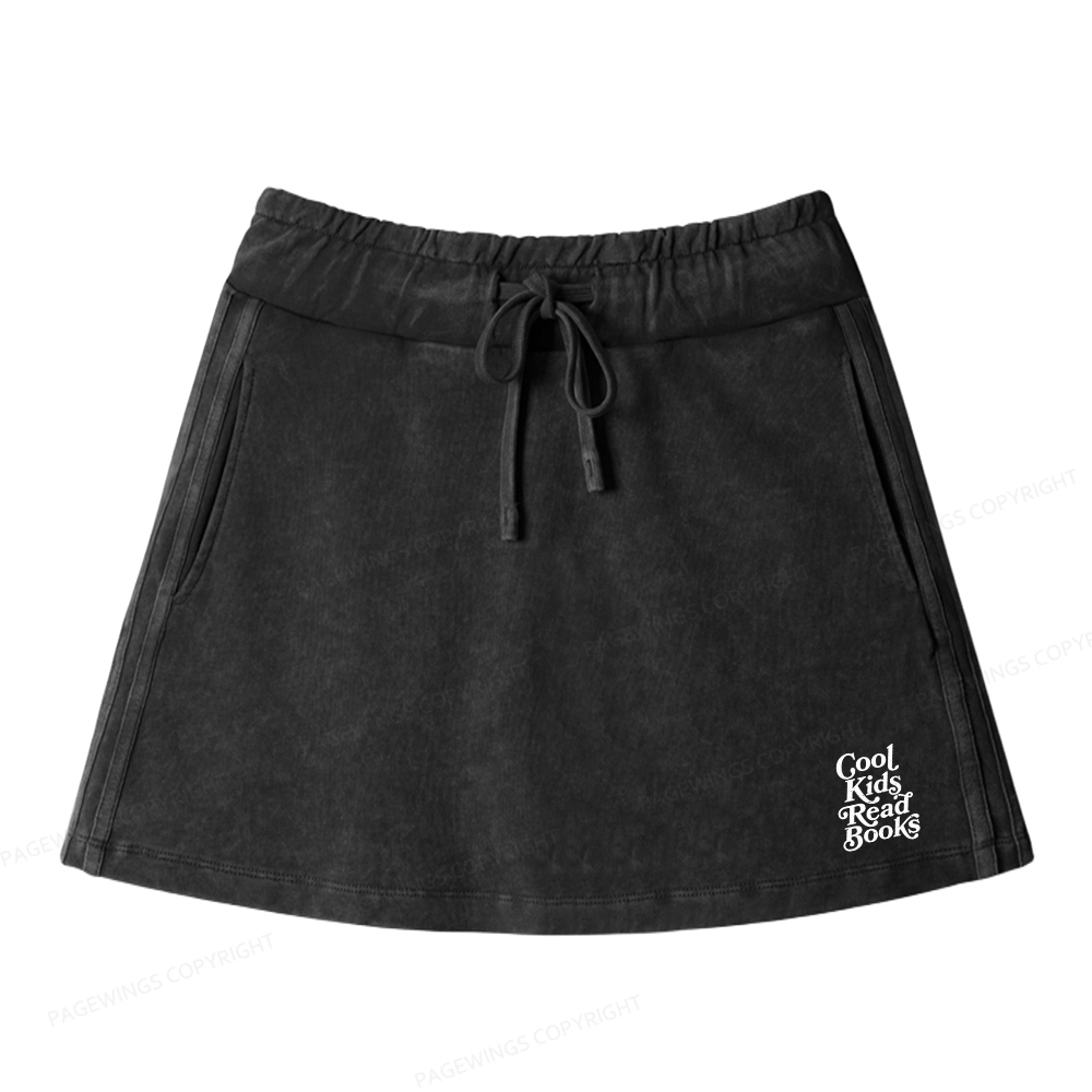 Pagewings Cool Kids Read Books Women Drawstring Washed Mini Skirts