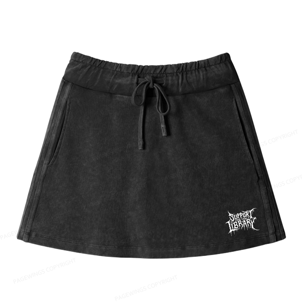 Pagewings Support Your Local Library Women Drawstring Washed Mini Skirts
