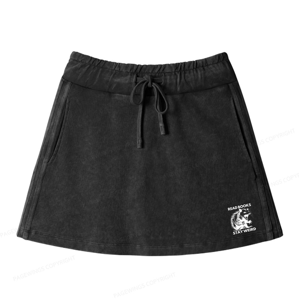 Pagewings Read Books Stay Weird Women Drawstring Washed Mini Skirts