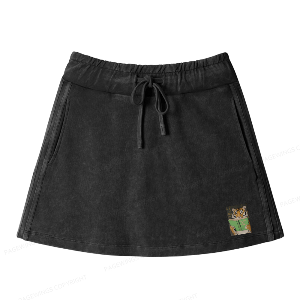 Pagewings Motivational Tiger Reading Women Drawstring Washed Mini Skirts