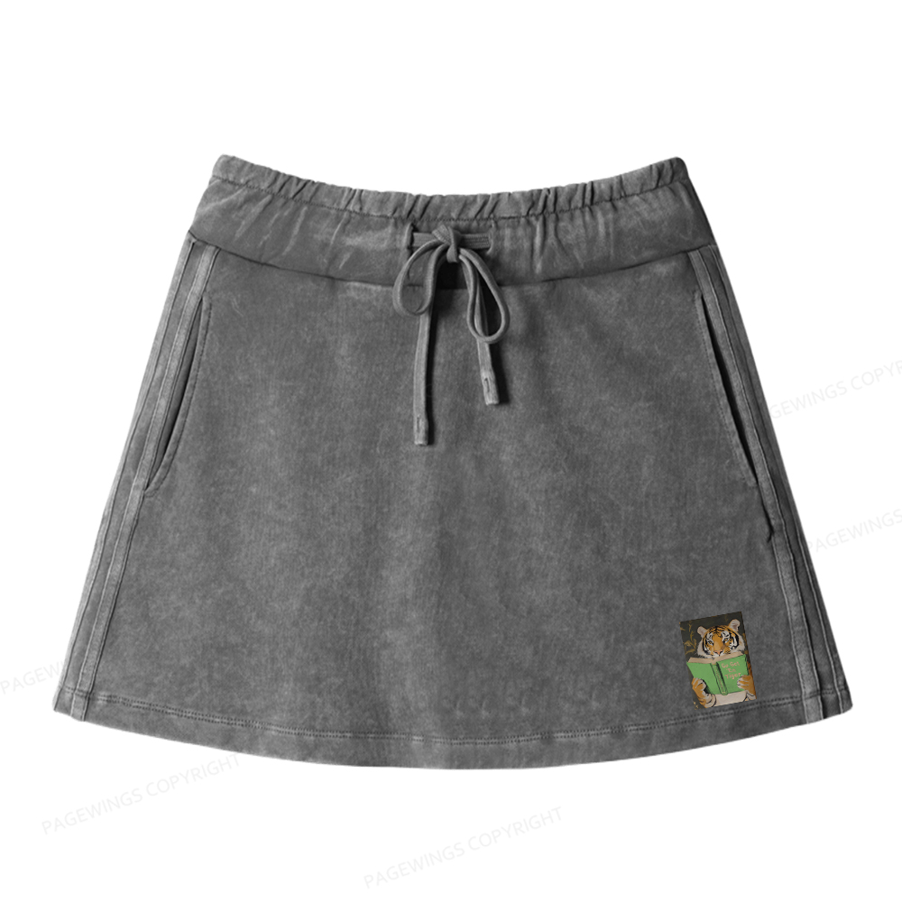 Pagewings Motivational Tiger Reading Women Drawstring Washed Mini Skirts