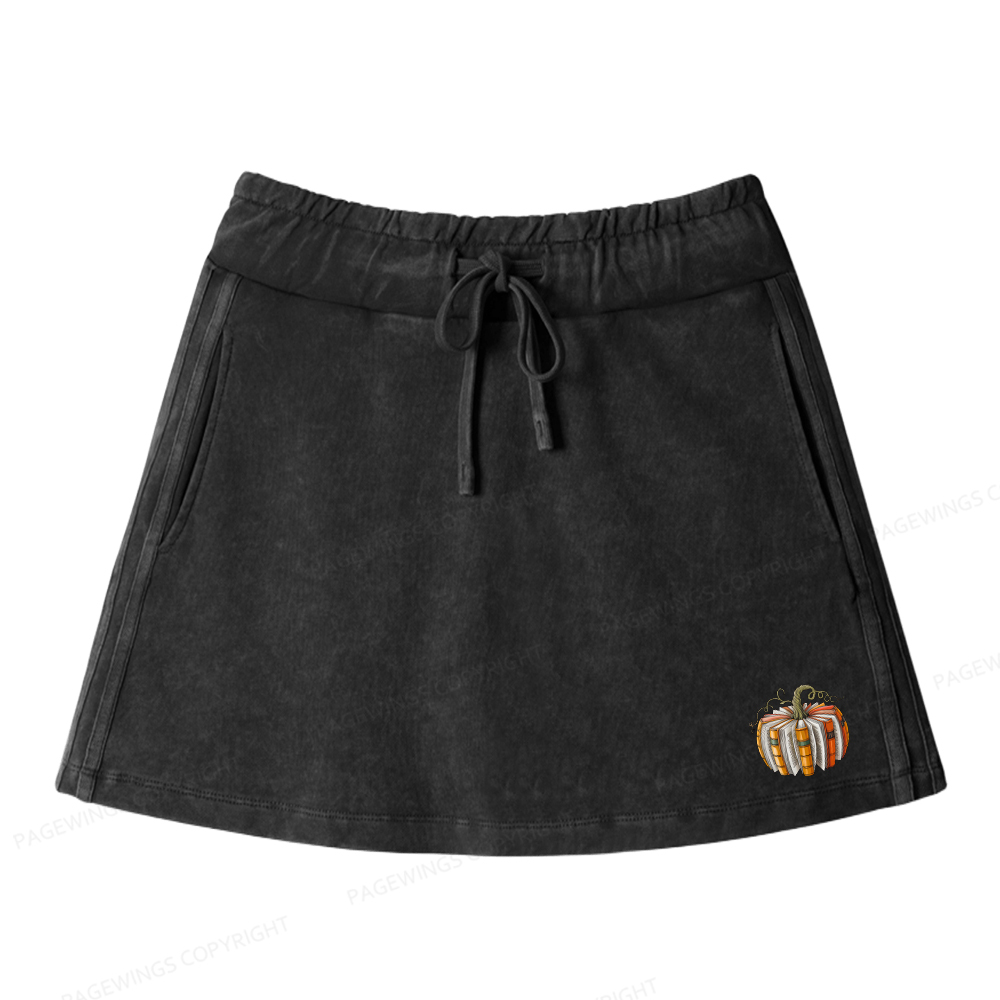 Pagewings Fall Book Pumpkin Women Drawstring Washed Mini Skirts