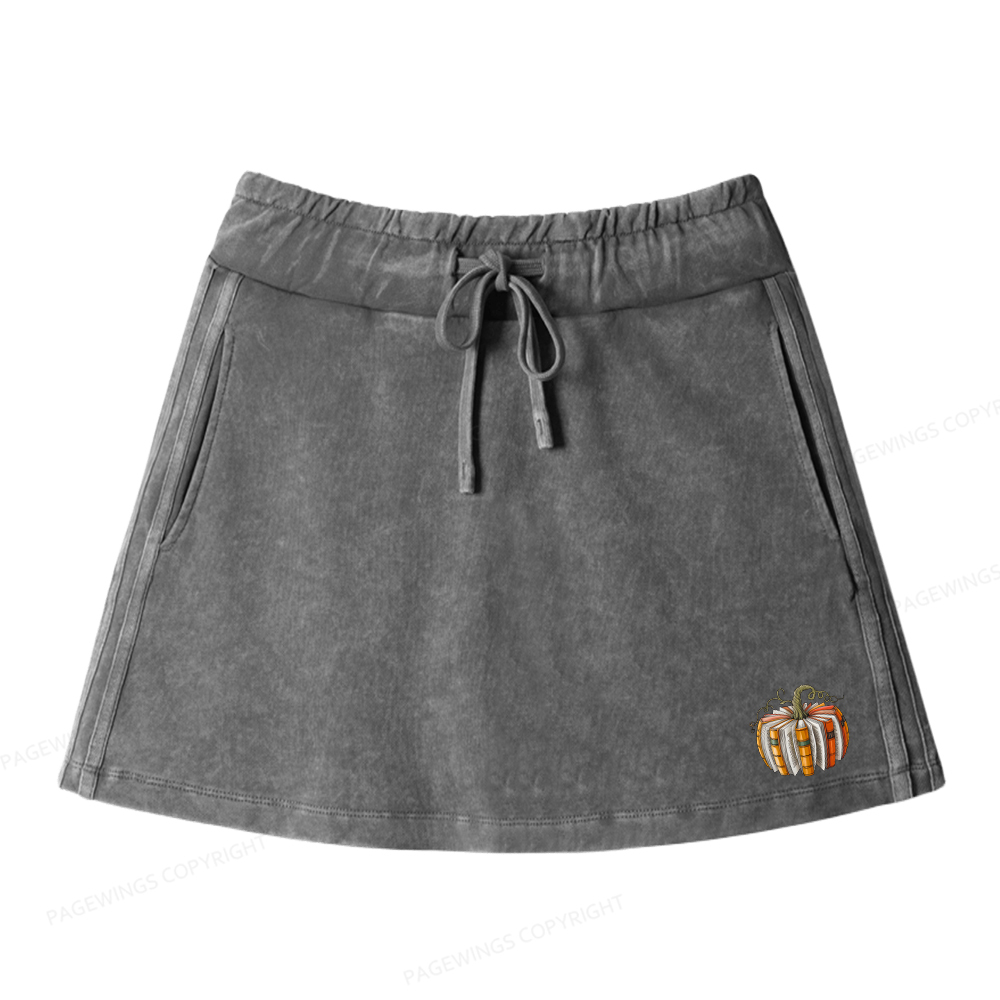 Pagewings Fall Book Pumpkin Women Drawstring Washed Mini Skirts