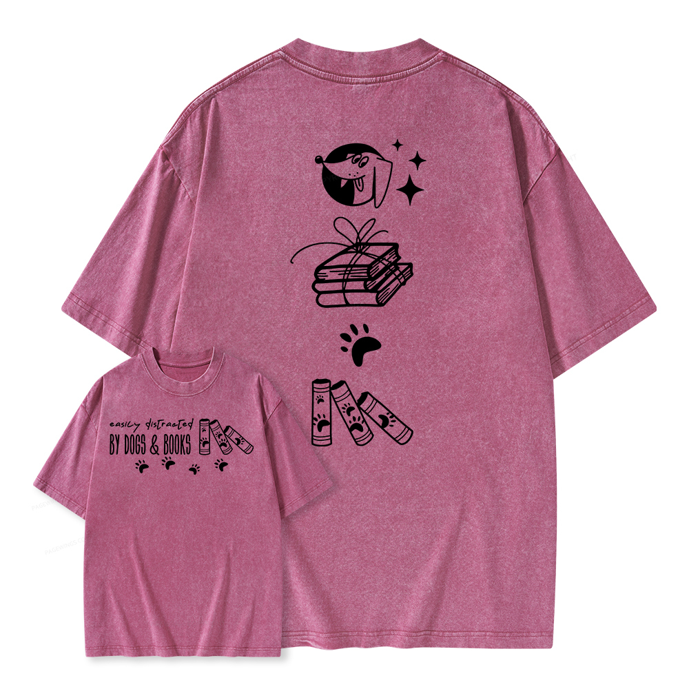 Pagewings Easily Distracted By Dogs And Books Unisex Washed T-shirt