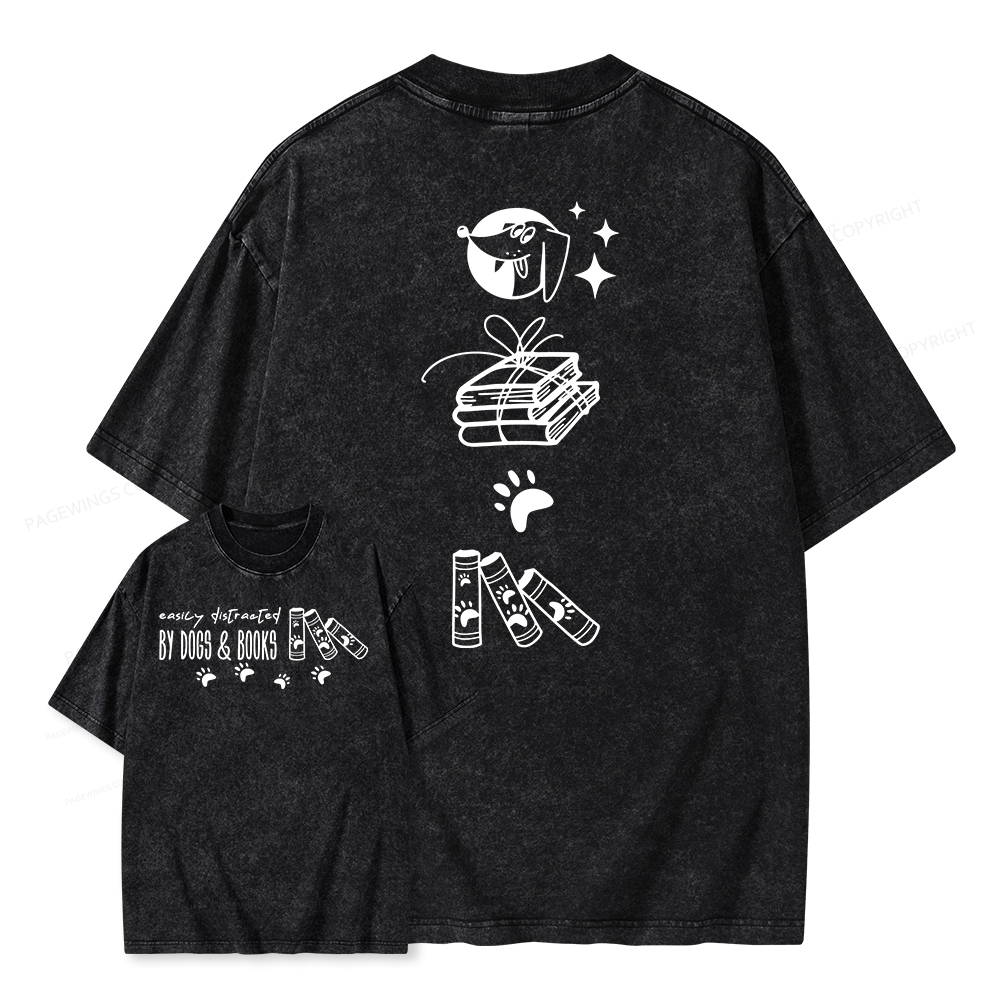 Pagewings Easily Distracted By Dogs And Books Unisex Washed T-shirt
