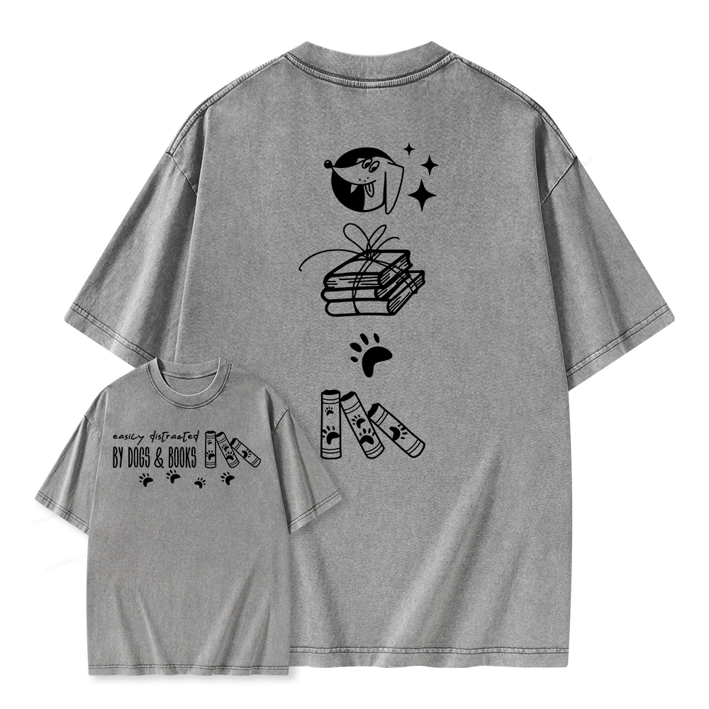 Pagewings Easily Distracted By Dogs And Books Unisex Washed T-shirt