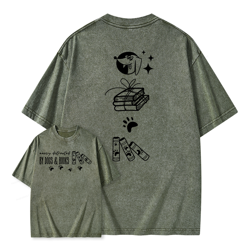 Pagewings Easily Distracted By Dogs And Books Unisex Washed T-shirt