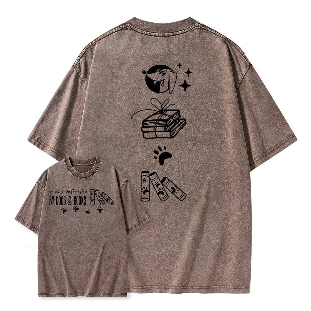 Pagewings Easily Distracted By Dogs And Books Unisex Washed T-shirt