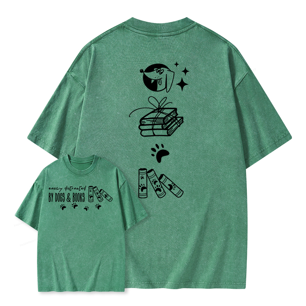 Pagewings Easily Distracted By Dogs And Books Unisex Washed T-shirt