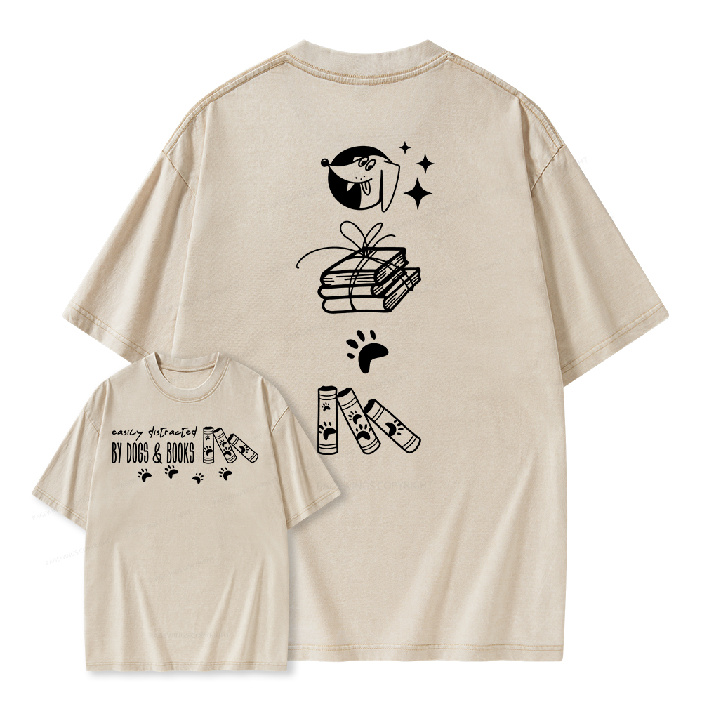 Pagewings Easily Distracted By Dogs And Books Unisex Washed T-shirt