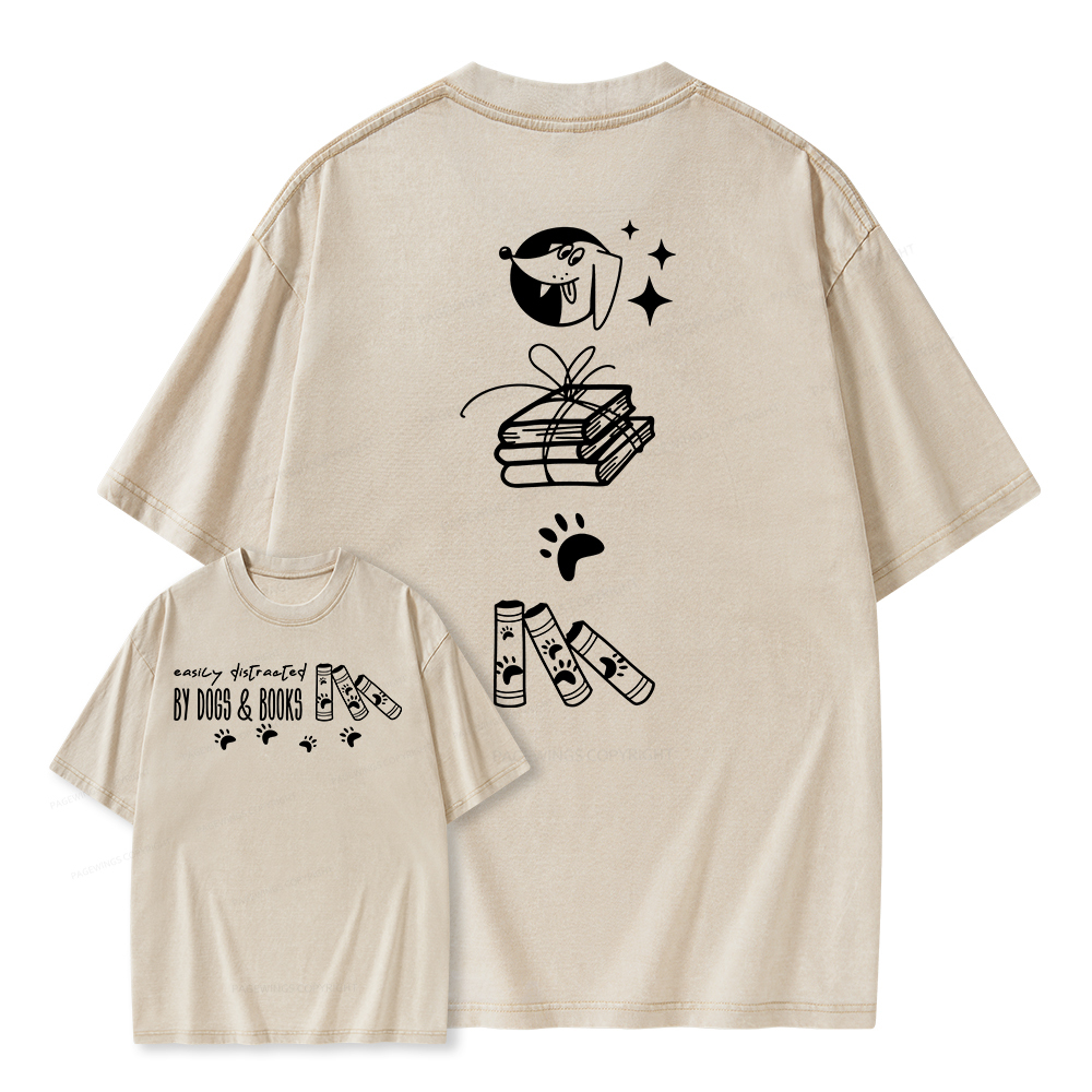 Pagewings Easily Distracted By Dogs And Books Unisex Washed T-shirt