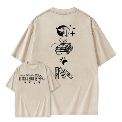 Pagewings Easily Distracted By Dogs And Books Unisex Washed T-shirt