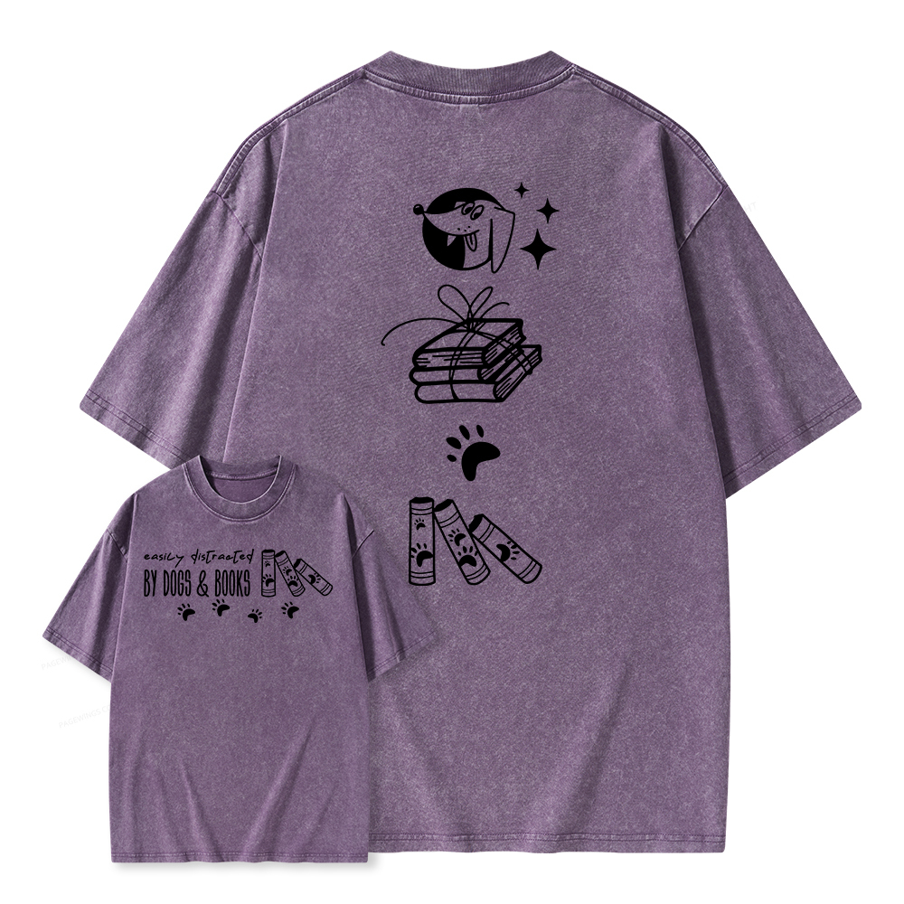Pagewings Easily Distracted By Dogs And Books Unisex Washed T-shirt
