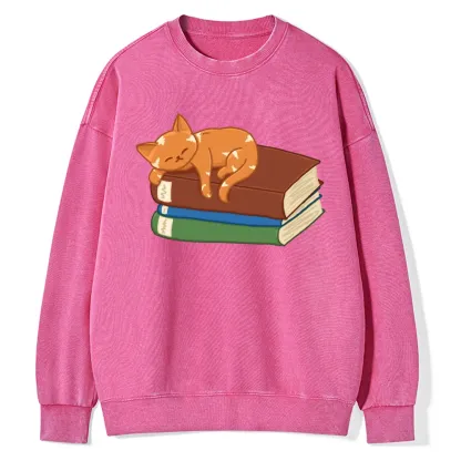 Pagewings Orange Book Cat Unisex Washed Sweatshirt