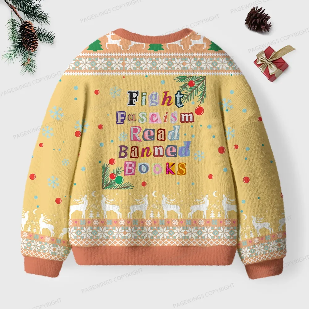 Pagewings Fight Fascism Read Banned Books Unisex Ugly Knit Sweatshirt