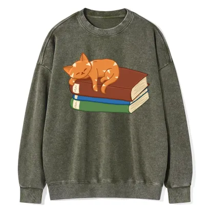 Pagewings Orange Book Cat Unisex Washed Sweatshirt