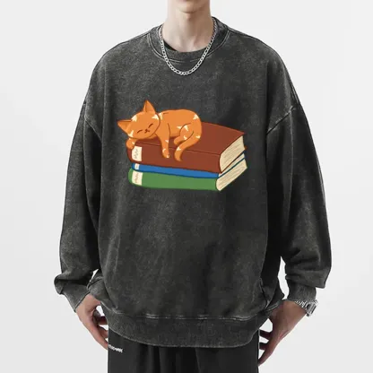 Pagewings Orange Book Cat Unisex Washed Sweatshirt