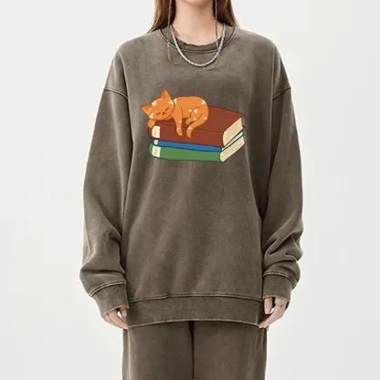Pagewings Orange Book Cat Unisex Washed Sweatshirt