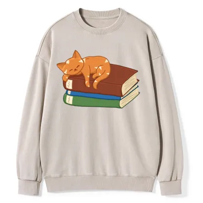 Pagewings Orange Book Cat Unisex Washed Sweatshirt
