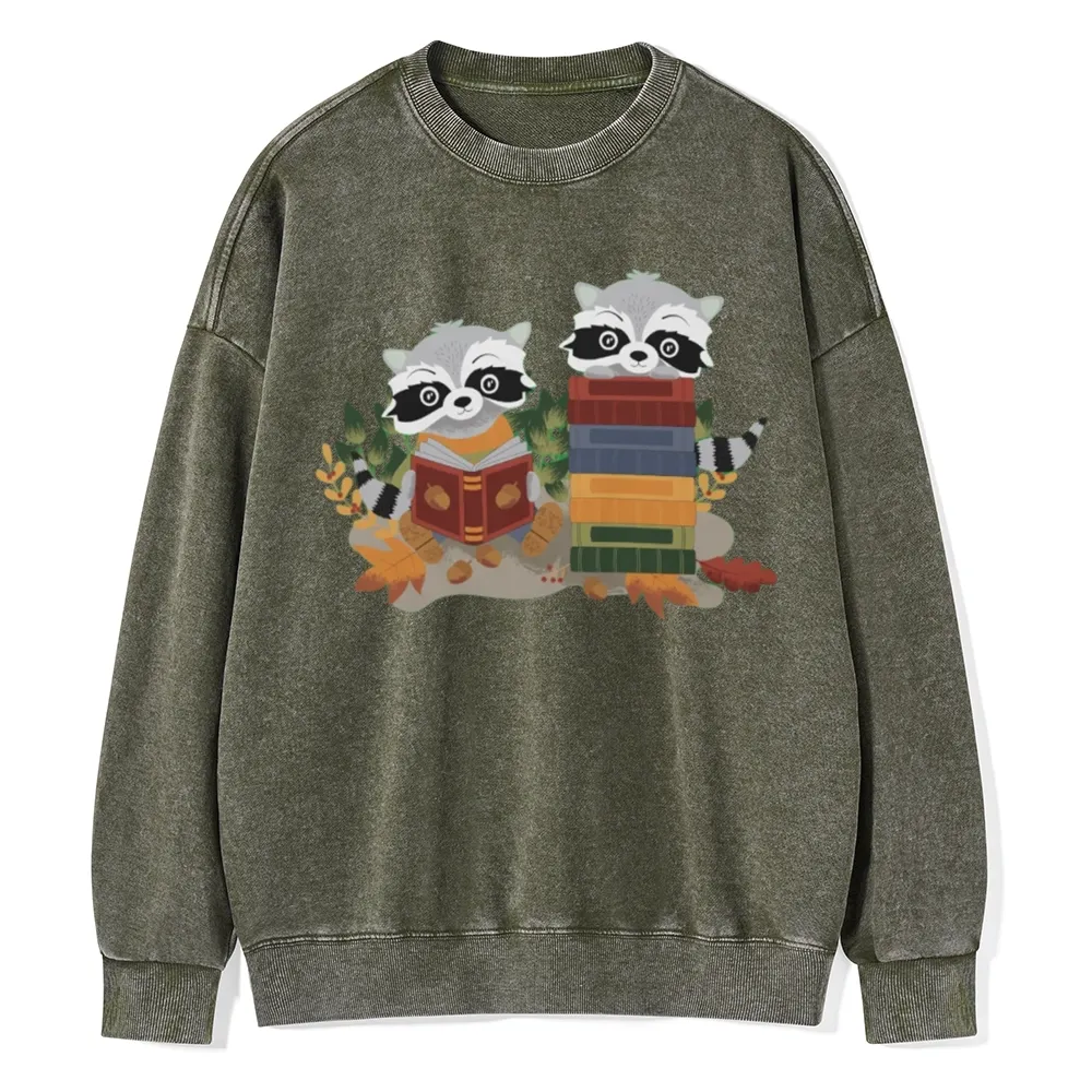 Pagewings Two Raccoons with Books Unisex Washed Sweatshirt