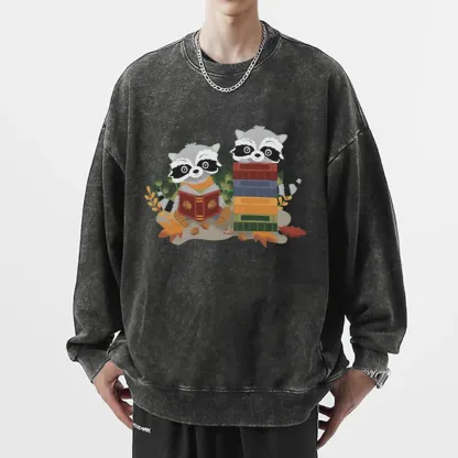 Pagewings Two Raccoons with Books Unisex Washed Sweatshirt