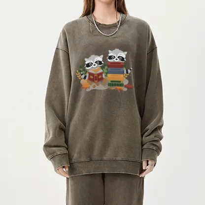 Pagewings Two Raccoons with Books Unisex Washed Sweatshirt