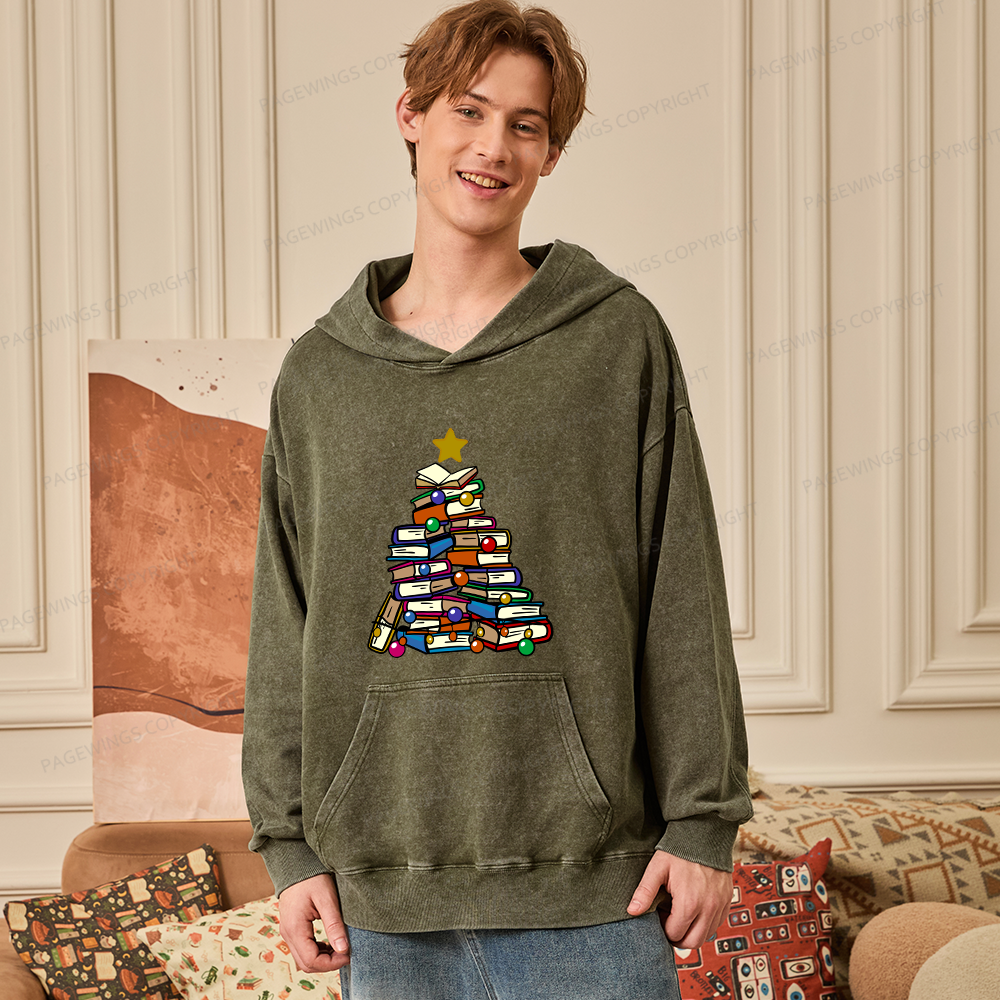 Pagewings Christmas Tree Bookworm Unisex Washed Hoodie