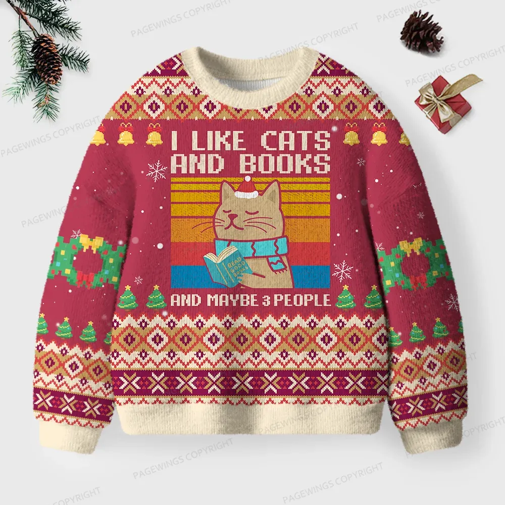Pagewings I Like Cats And Books And Maybe 3 People Unisex Ugly Knit Sweatshirt