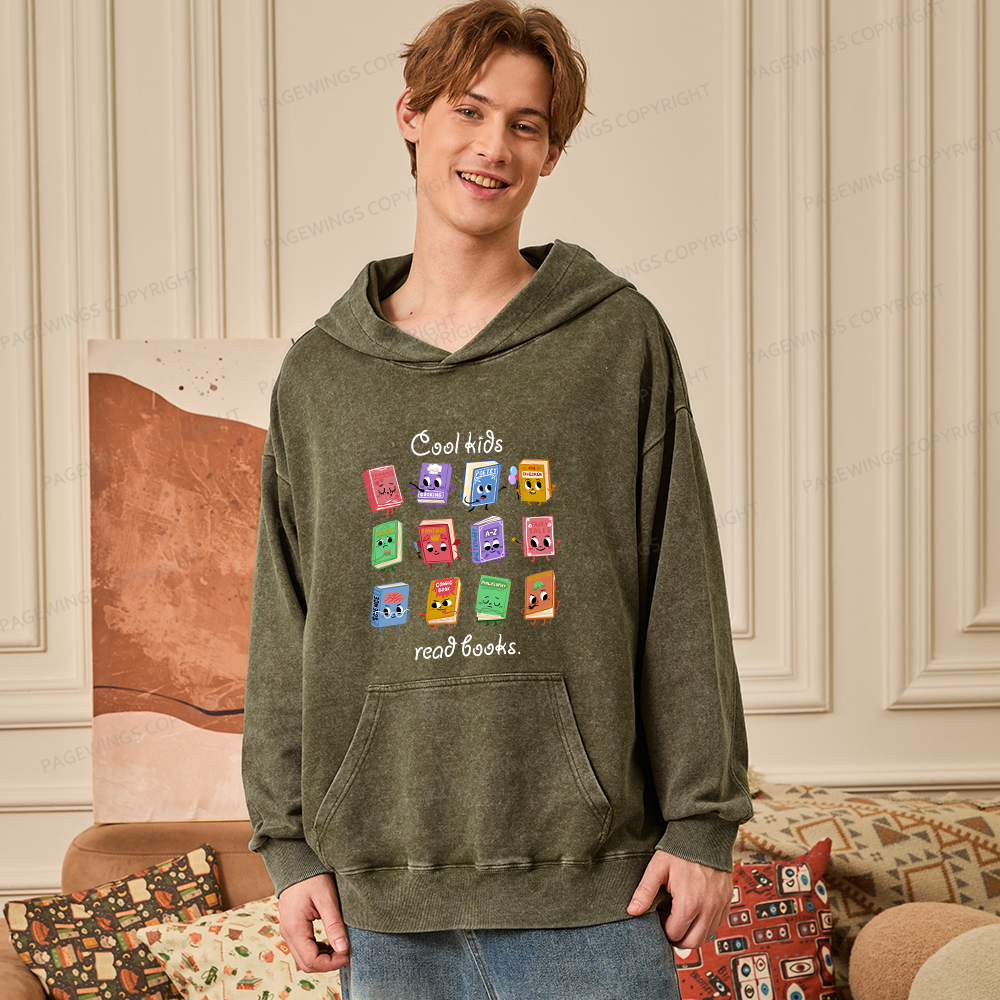 Pagewings Cool Kids Read Books Unisex Washed Hoodie