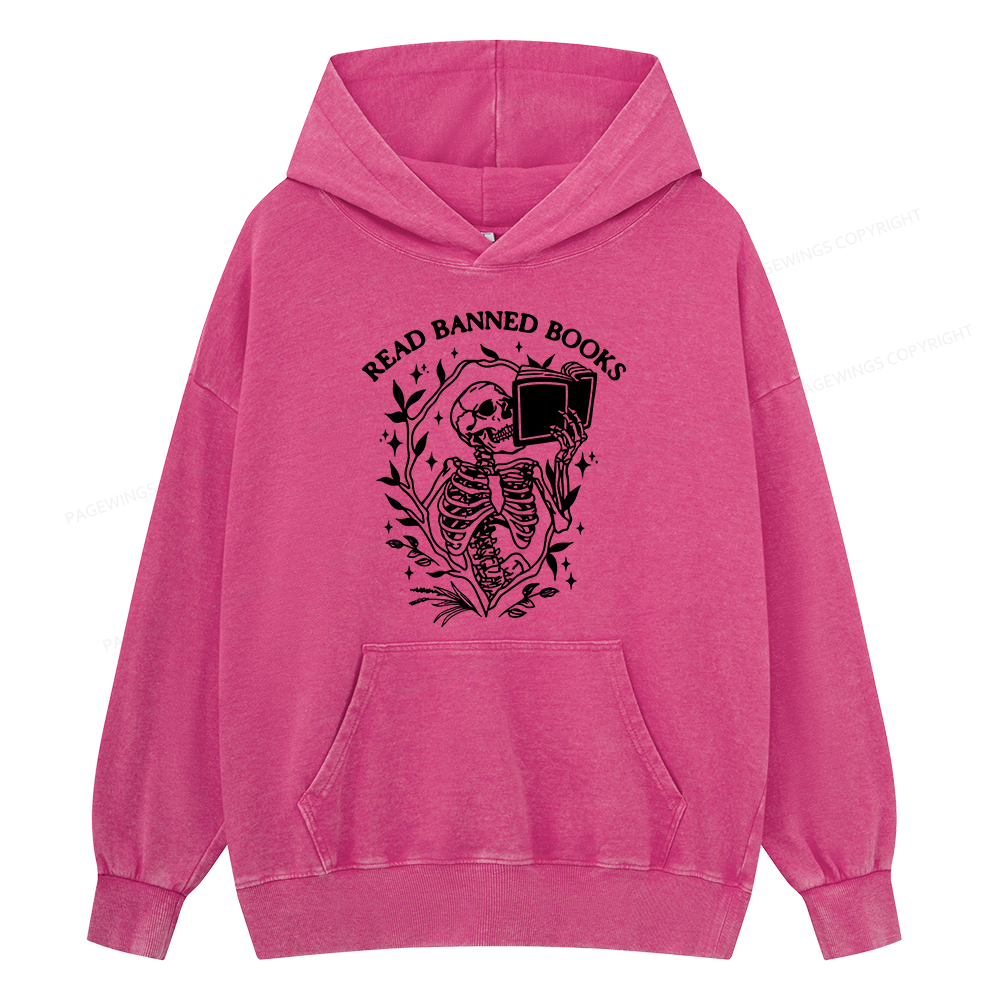 Pagewings Read Banned Books Skeleton Unisex Washed Hoodie