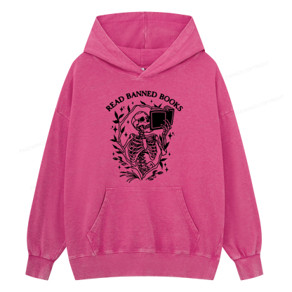 Pagewings Read Banned Books Skeleton Unisex Washed Hoodie