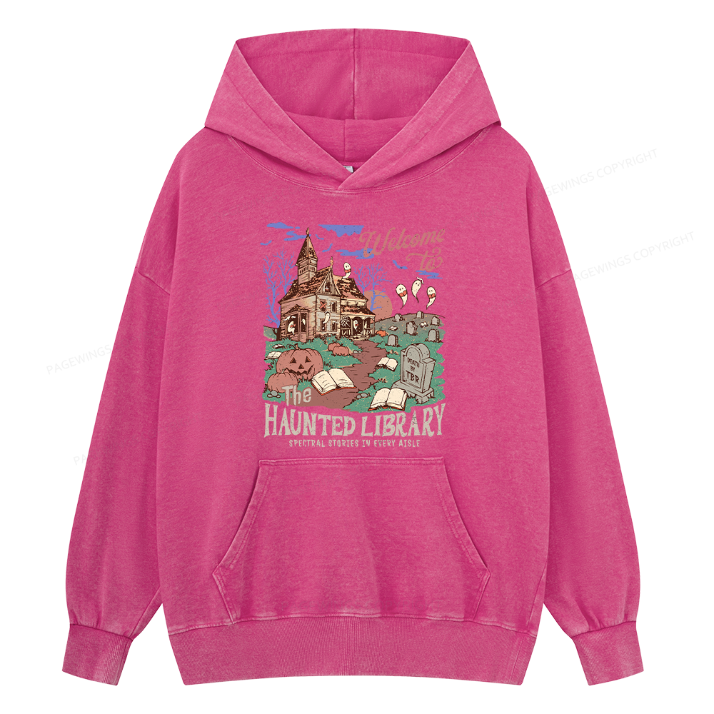 Pagewings Welcome To The Haunted Library Unisex Washed Hoodie