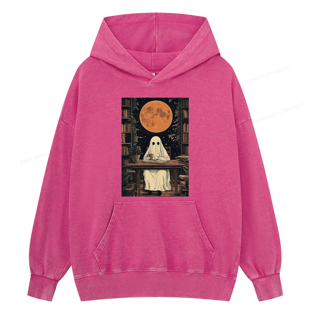Pagewings Halloween Ghost Books Coffee Unisex Washed Hoodie