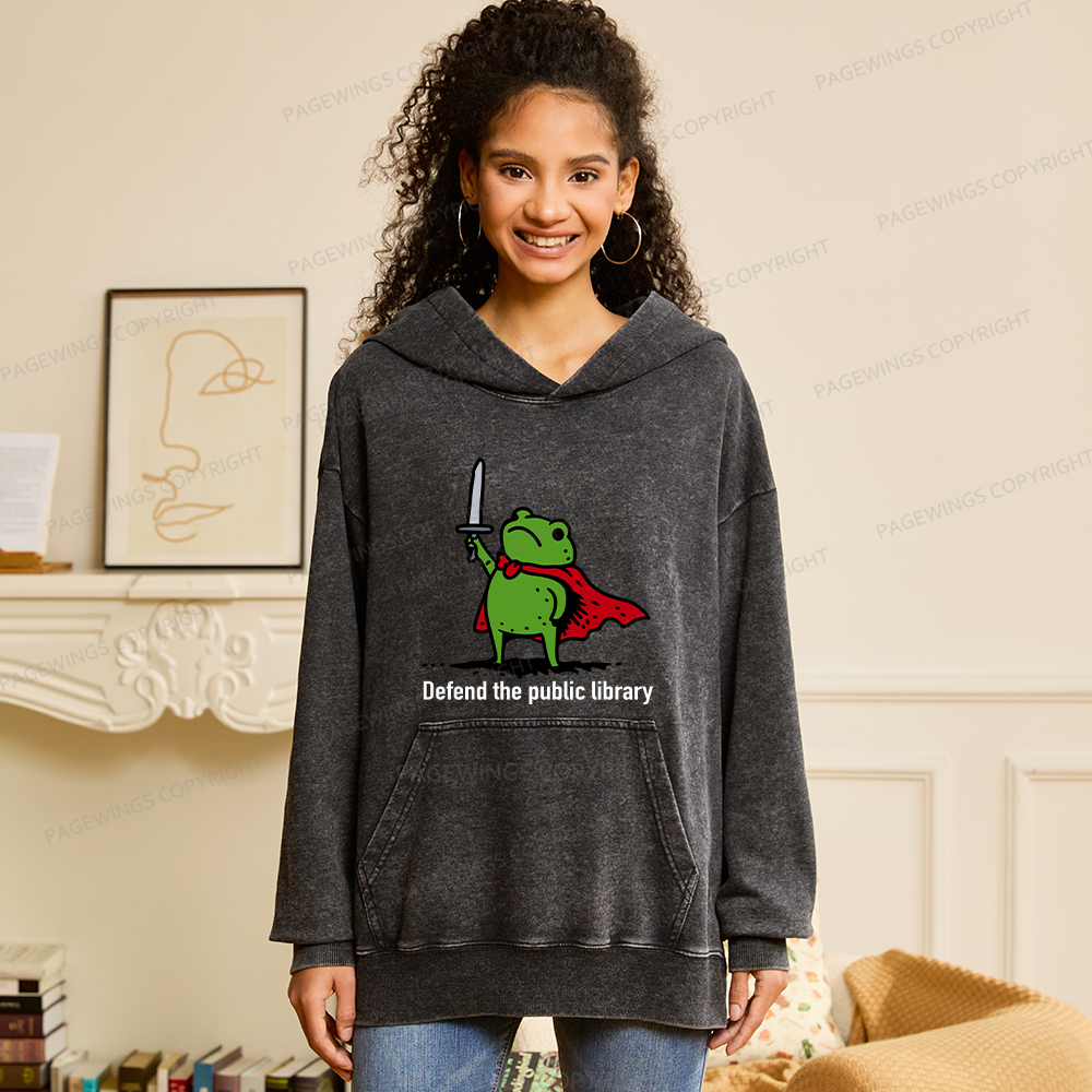 Pagewings Defend The Public Library Unisex Washed Hoodie
