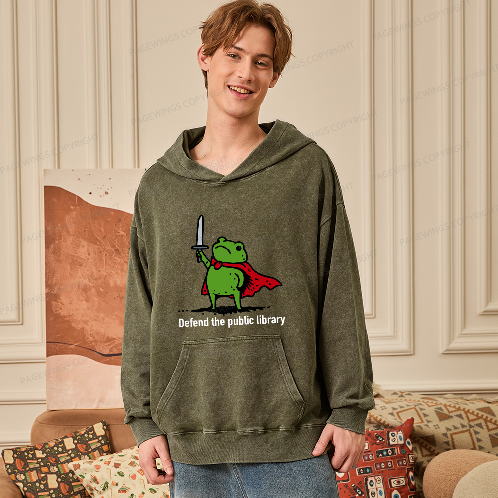Pagewings Defend The Public Library Unisex Washed Hoodie