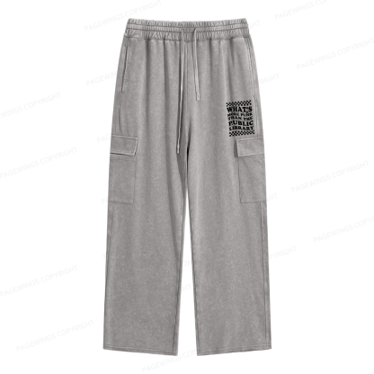 Pagewings Punk The Public Library Unisex Washed Cargo Sweatpants