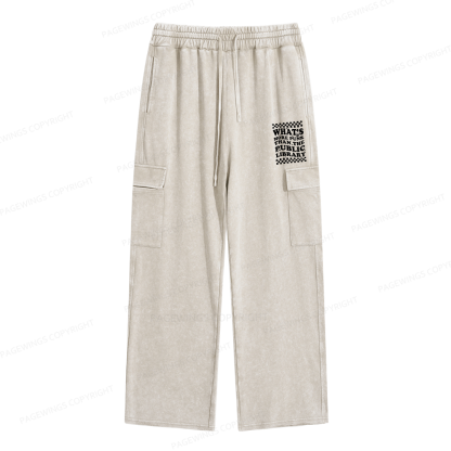 Pagewings Punk The Public Library Unisex Washed Cargo Sweatpants